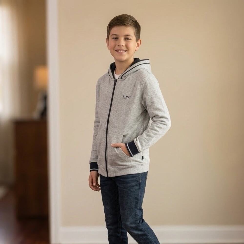 BOYS Hugo Boss Grey Zip-Up Hoodie, Size 14-S